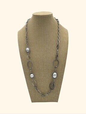 Premier Designs Long Silver Faux Pearl-Accent Link Necklace